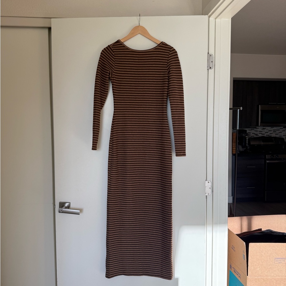 Long Sleeve Low Back Striped Maxi Dress in Brown